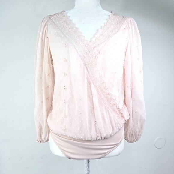 Express Surplice Blush Pink Eyelet Lace Wrap Long Sleeve Bodysuit Top - Picture 6 of 13